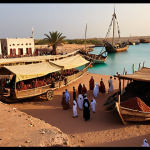 **Prompt 1: "A vibrant historical crossroads in Djibouti. Depict a bustling ancient port scene where traditional dhows and modern cargo ships coexist. Caravans laden with frankincense and spices arrive from the desert, meeting merchants in diverse traditional attire (Afar, Somali, Arab, Indian) trading goods. The city's architecture is a blend of ancient and colonial French styles, all bathed in the warm glow of a setting sun over the Red Sea, capturing the essence of a timeless cultural melting pot."**