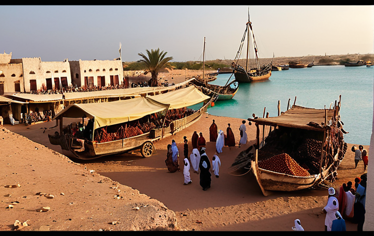 **Prompt 1: "A vibrant historical crossroads in Djibouti. Depict a bustling ancient port scene where traditional dhows and modern cargo ships coexist. Caravans laden with frankincense and spices arrive from the desert, meeting merchants in diverse traditional attire (Afar, Somali, Arab, Indian) trading goods. The city's architecture is a blend of ancient and colonial French styles, all bathed in the warm glow of a setting sun over the Red Sea, capturing the essence of a timeless cultural melting pot."**