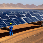 An expansive aerial view of a state-of-the-art solar farm stretching across the arid plains of Djibouti under a bright, sunny sky. The neat rows of solar panels reflect the sun, extending towards the horizon. In the foreground, a small group of engineers, fully clothed in modest professional work attire, are observing the site, showcasing the human element of sustainable development. The image conveys national pride and the promise of a bright, energy-independent future for the region. Captured with professional photography, high quality, realistic, safe for work, appropriate content, fully clothed, professional dress, family-friendly, perfect anatomy, correct proportions, natural pose, well-formed hands, proper finger count, natural body proportions.