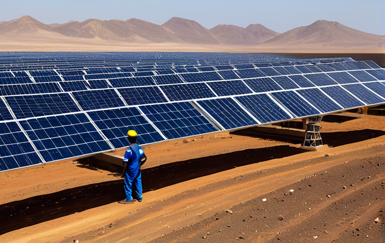 An expansive aerial view of a state-of-the-art solar farm stretching across the arid plains of Djibouti under a bright, sunny sky. The neat rows of solar panels reflect the sun, extending towards the horizon. In the foreground, a small group of engineers, fully clothed in modest professional work attire, are observing the site, showcasing the human element of sustainable development. The image conveys national pride and the promise of a bright, energy-independent future for the region. Captured with professional photography, high quality, realistic, safe for work, appropriate content, fully clothed, professional dress, family-friendly, perfect anatomy, correct proportions, natural pose, well-formed hands, proper finger count, natural body proportions.