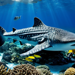 A majestic whale shark gracefully swimming through the crystal-clear, vibrant blue waters of Djibouti, surrounded by immense, shimmering schools of diverse reef fish. In the background, a healthy, colorful coral reef with intricate structures is visible. The image is captured in a professional underwater photography style, showcasing perfect anatomy and correct proportions of marine life, with natural light filtering from the surface. Appropriate content, family-friendly, safe for work.
